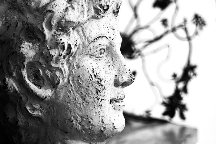 Weathered plaster bust of a man's head in profile, pitted surface, dark blurred shapes in background – Photography from the series 'Transgression durch Hoffnung' by Alfred Stoll, 2025–2026. Metamodern Art; Exhibition kultur.lokal.fürth; Metamodernism; Metamodern Grotesk.