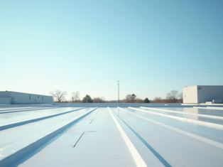 Bright white cool-roof coating on a commercial building under a clear blue sky, with industrial buildings in the distance.