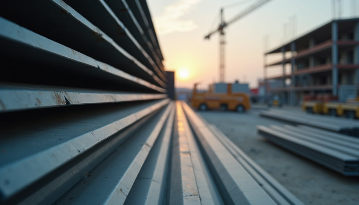 Eye-level view of stacked steel roofing sheets at a construction site