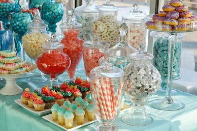 A fantastic pink & blue Bat Mitzvah candy & dessert buffet on the ocean at the Annenberg B