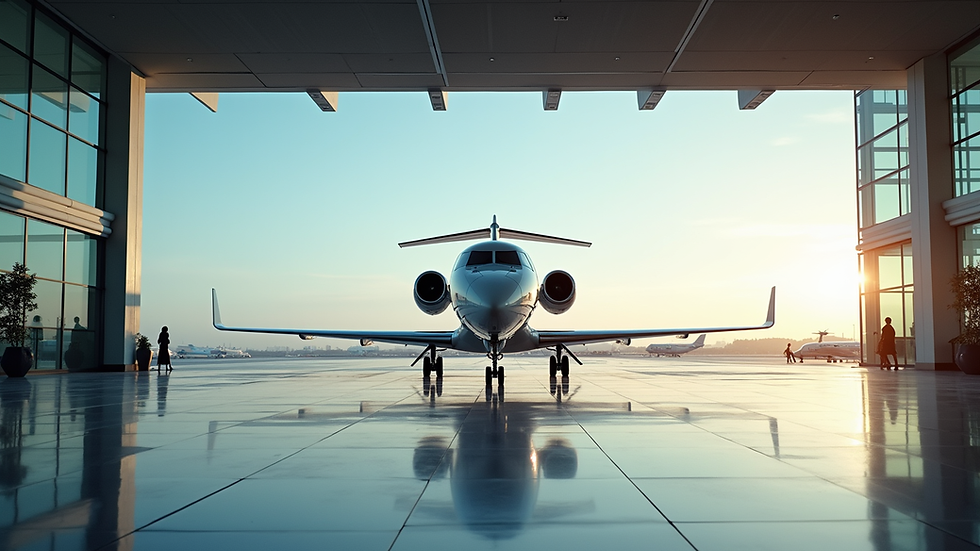 Eye-level view of a private jet parked at a modern airport terminal