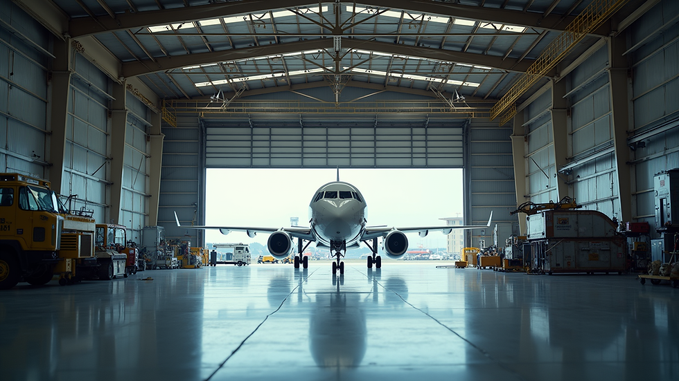 Eye-level view of aircraft hangar with maintenance equipment