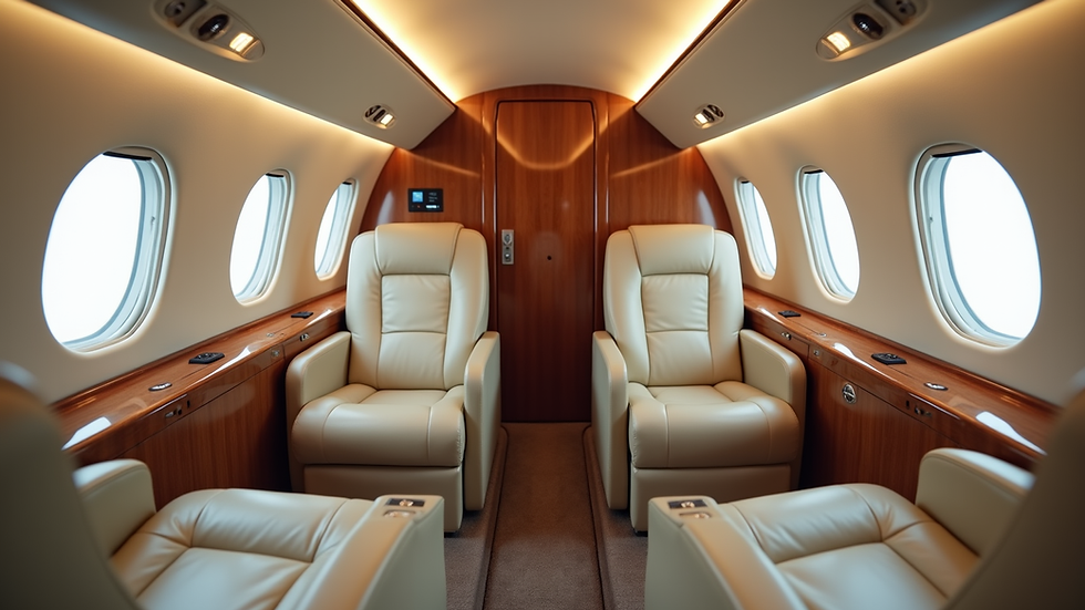 High angle view of a large-cabin private jet interior with luxurious seating