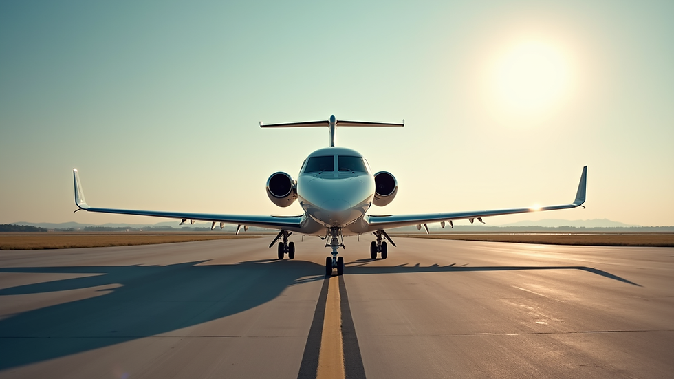 Eye-level view of a private jet parked at a small airport runway