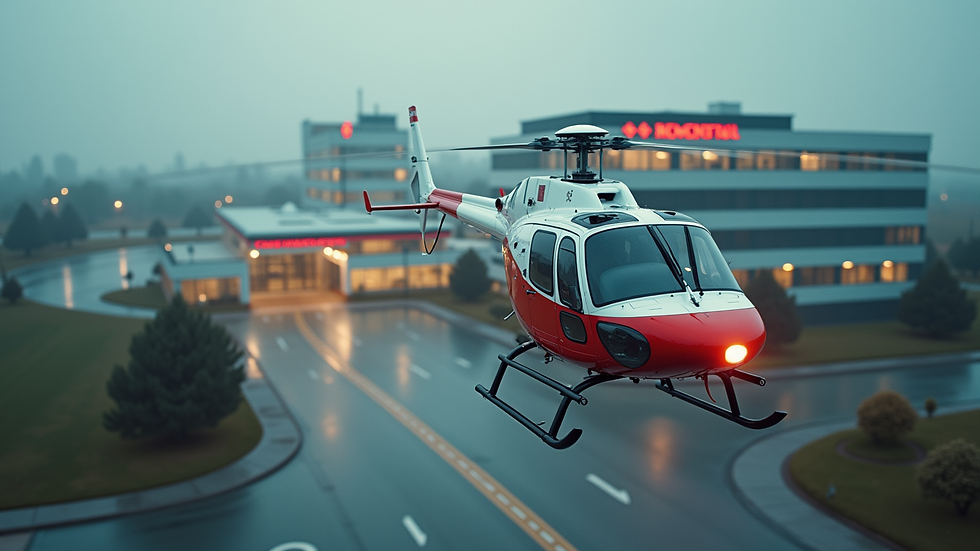 High angle view of a medical helicopter landing near a hospital