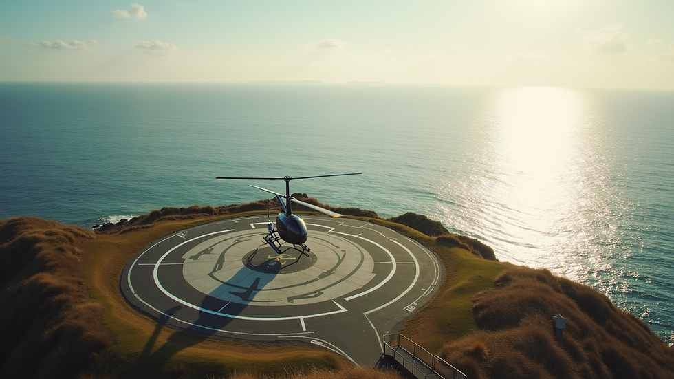 High angle view of a helicopter landing on a helipad near a coastal area