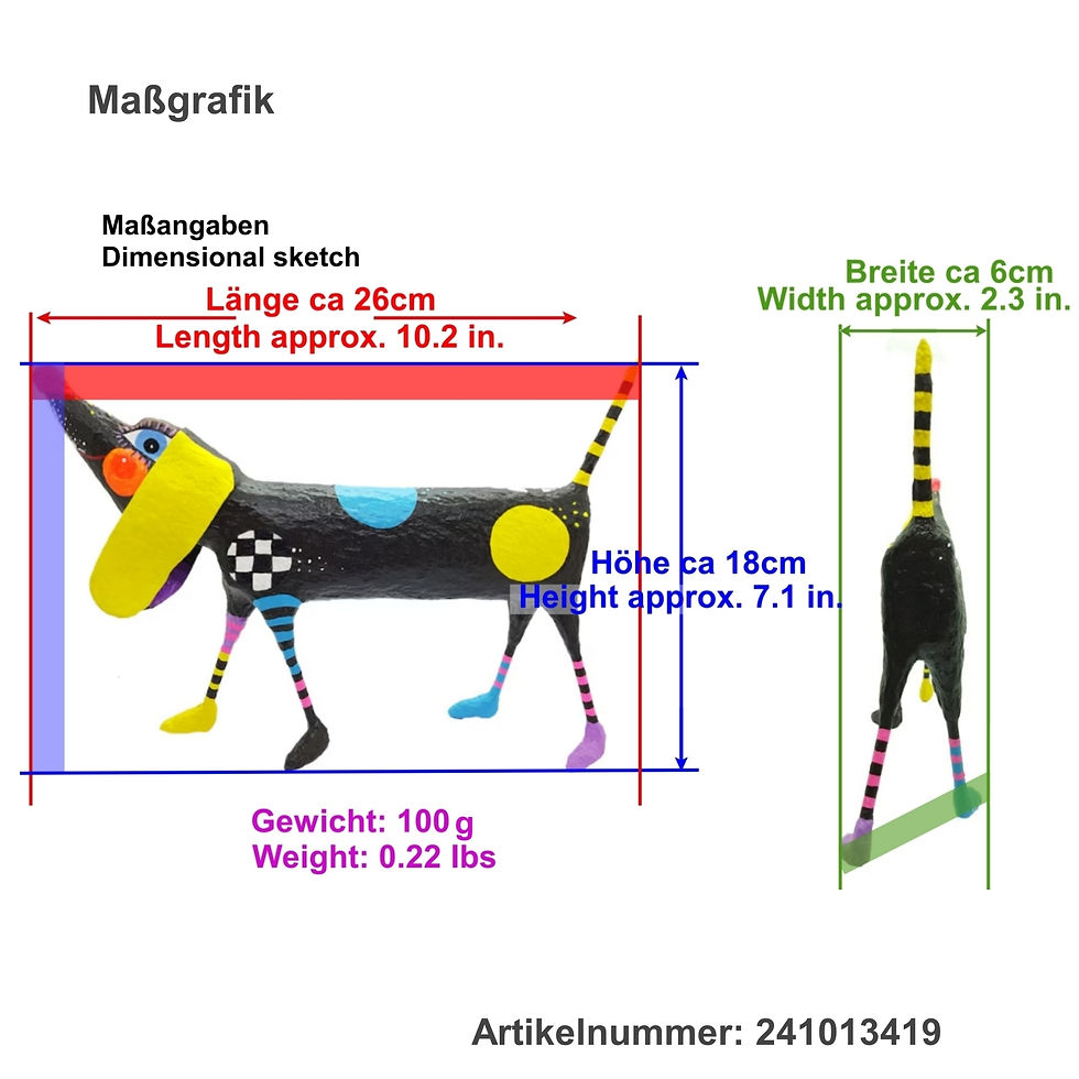 Miniaturbild: Maßgrafik des braunen Hundes: Länge 26 cm, Höhe 18 cm, Breite 6 cm und Gewicht 100g zur Größenübersicht.