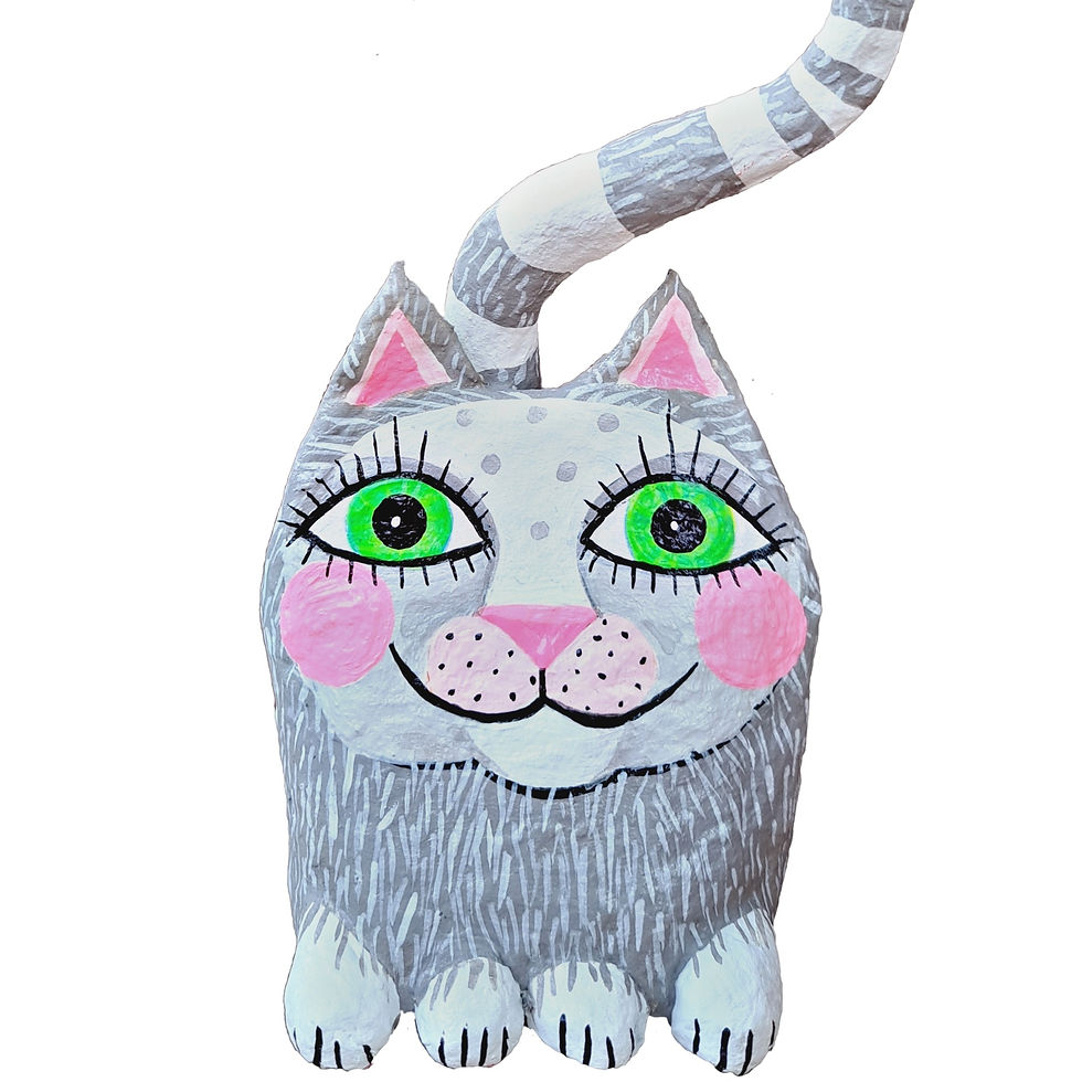 Miniaturbild: Nahaufnahme des Katzengesichts mit freundlichem Lächeln und handbemalten Details im modernen naiven Kunststil.