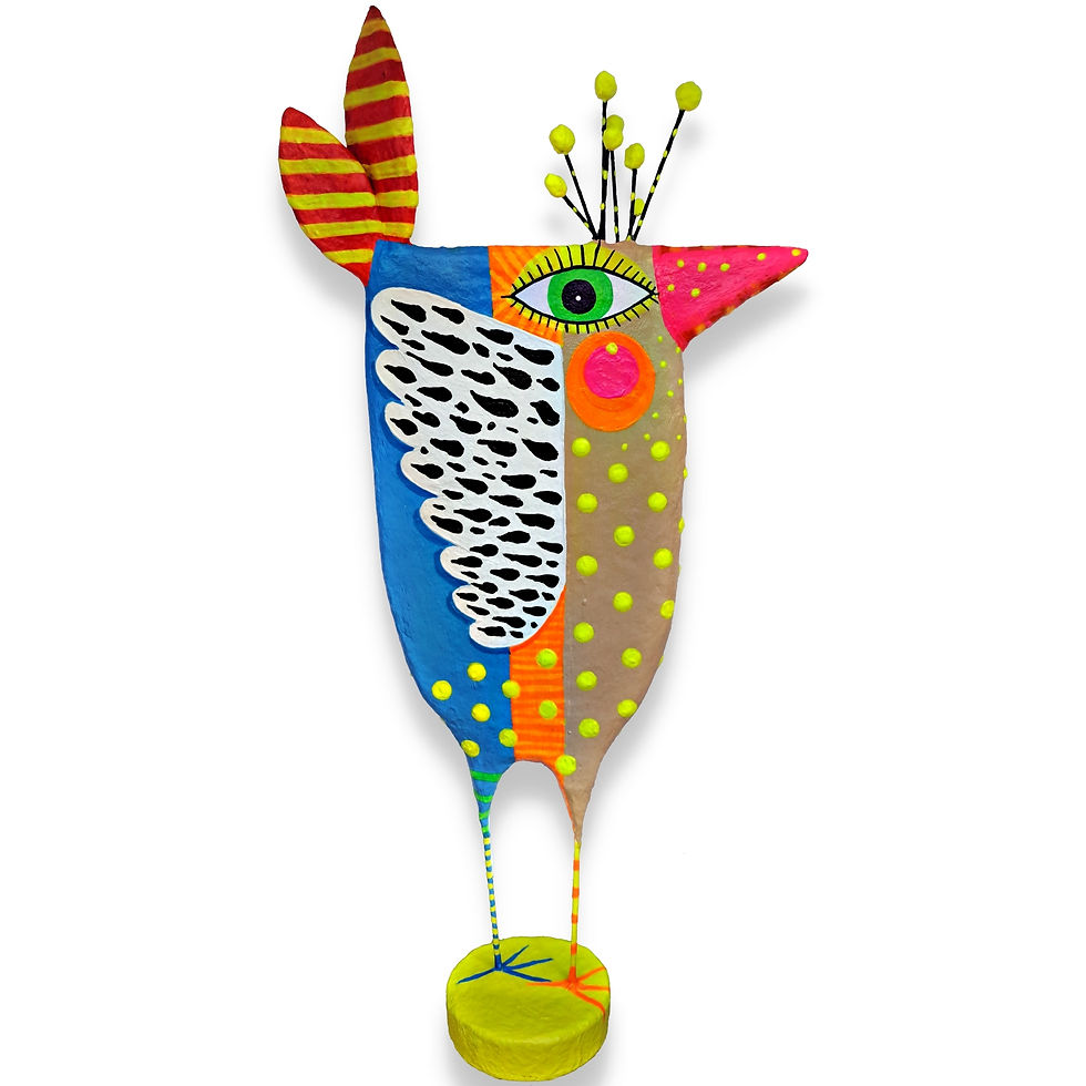 Bunte Vogelskulptur Albschnepfe aus Pappmaché, handgefertigtes Unikat im Stil moderne naive Kunst von VillaAzula.