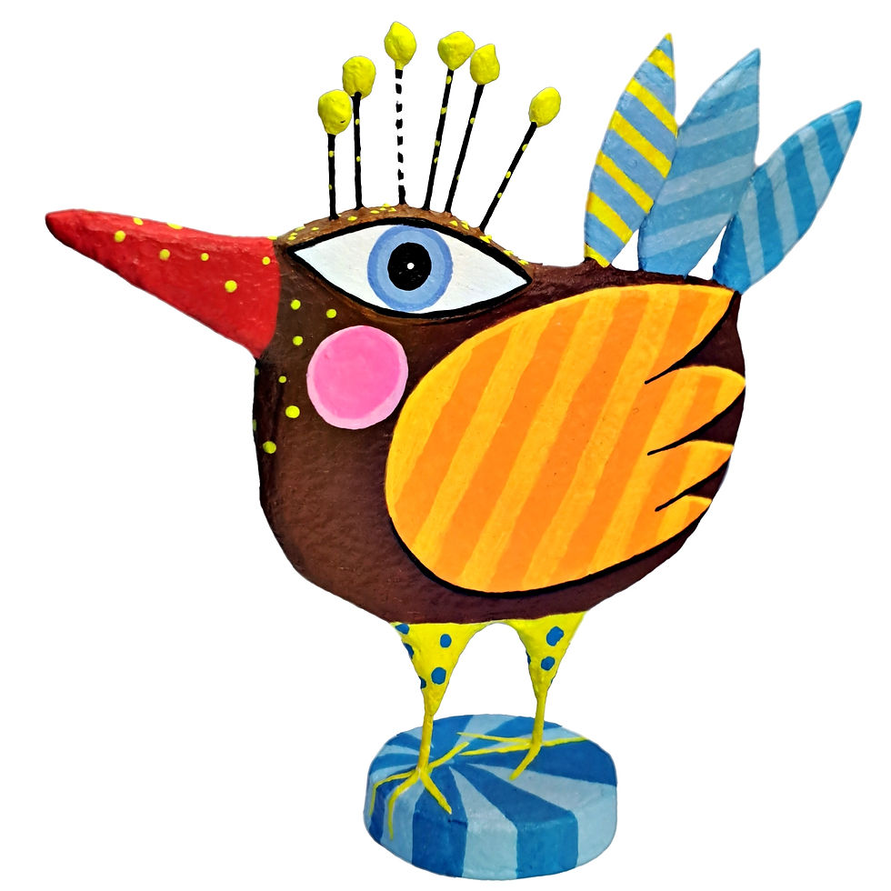 Miniaturbild: Künstlerische Vogelfigur aus Pappmaché mit großem Auge blauem Flügel und dekorativem bemaltem Sockel