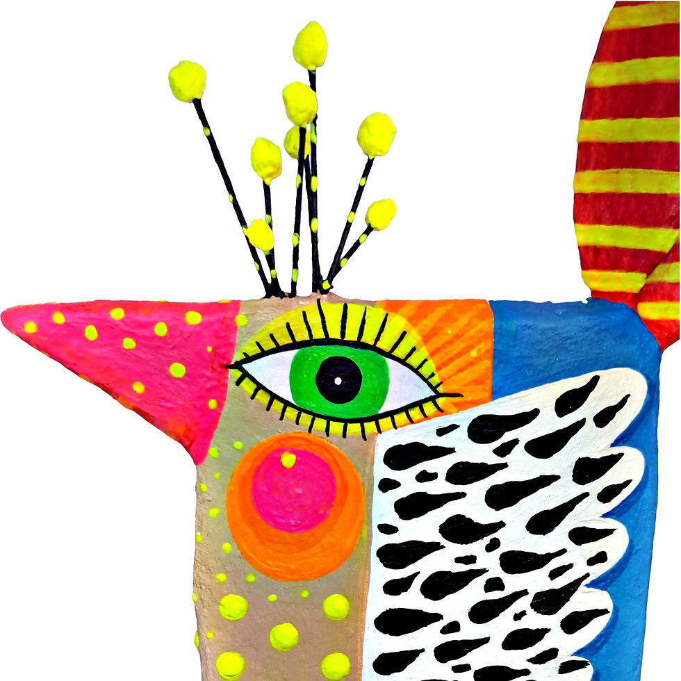 Miniaturbild: Detail der Punkt- und Streifenoptik in Blau, Orange und Gelb auf der Oberfläche der kleinen Vogelskulptur.