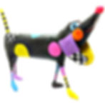Schokoladenbrauner Pappmaché-Hund mit gelben Schlappohren und bunten Punkten, handgefertigtes Unikat von VillaAzula.