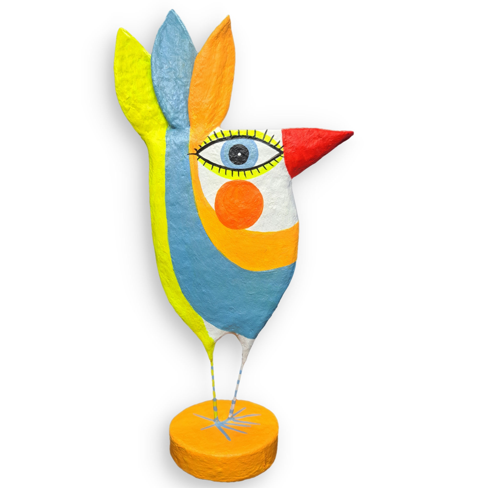 Profil: Schlanke, handbemalte Vogelskulptur in leuchtenden Farben. Unikat-Kunstwerk aus der VillaAzula.