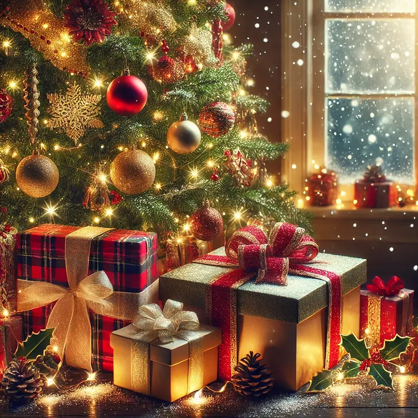 DALL·E 2025-02-20 14.13.11 - A festive Christmas background featuring beautifully wrapped