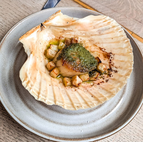 a grey plate with a scallop in a shell