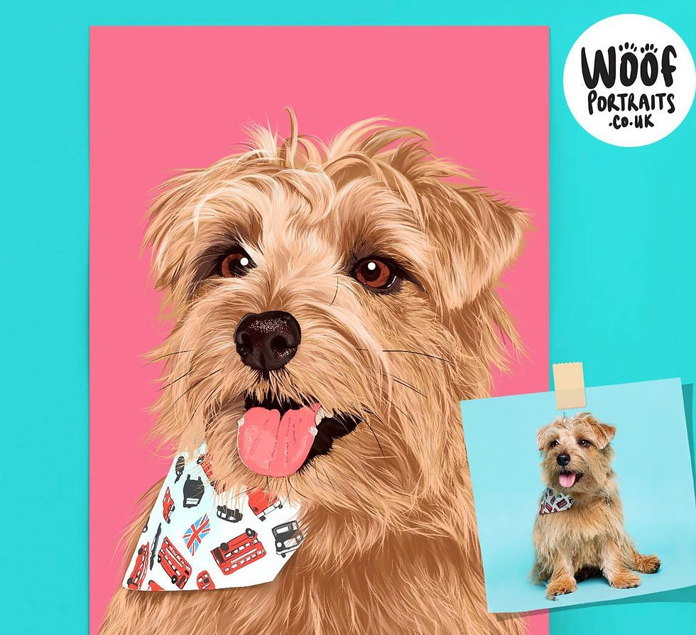 Stylized close-up of a scruffy tan dog on pink, tongue out with patterned bandana; Woof Portraits.co.uk logo on teal background.