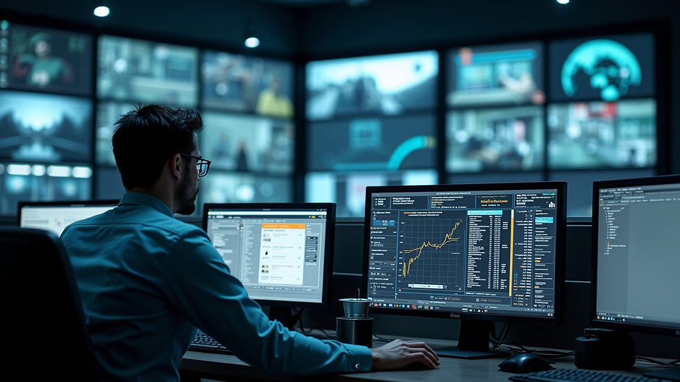 High angle view of security control room with multiple monitors