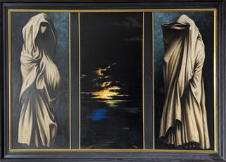 Oil on canvas. Triptych. Frame size W117cm x H81cm. Outside panels contain figures hidden beneath  draped cloth. Central panel contains a sunset landscape. Painted in 1992. ££££.