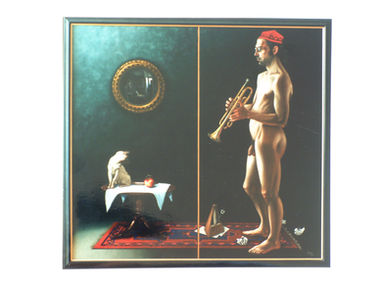 Male figure with trumpet in a classical still life setting including cat and mirror.
