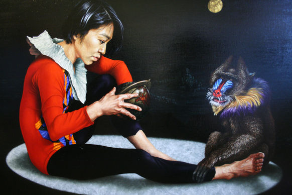 Harlequin sits with Mandrill.
Oil on Canvas.