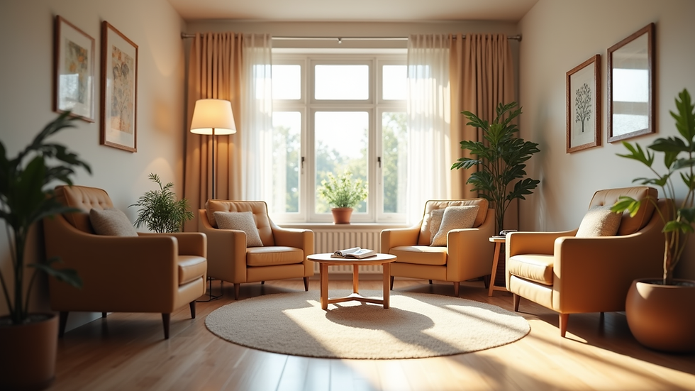 Eye-level view of a cozy counselling room with soft lighting and comfortable chairs