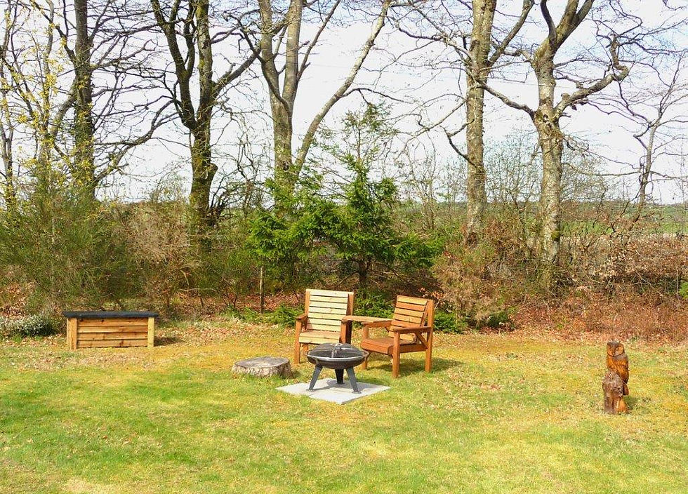 Two garden seats have a firebowl in front of them with wood box. Behind them are tall trees