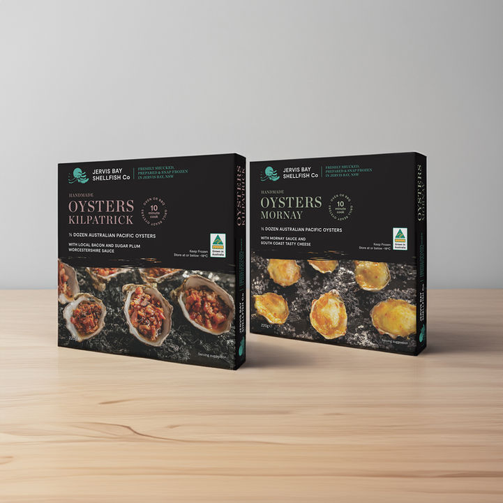 A mockup of two packs of frozen oysters