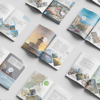 Brochures open a various double page spreads.