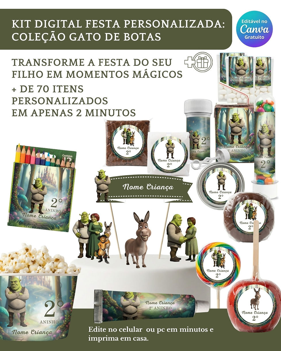 Kit Digital Festa Infantil com moldes para personalizar caixinhas, rótulos e topos de bolo. 100% editável no Canva.