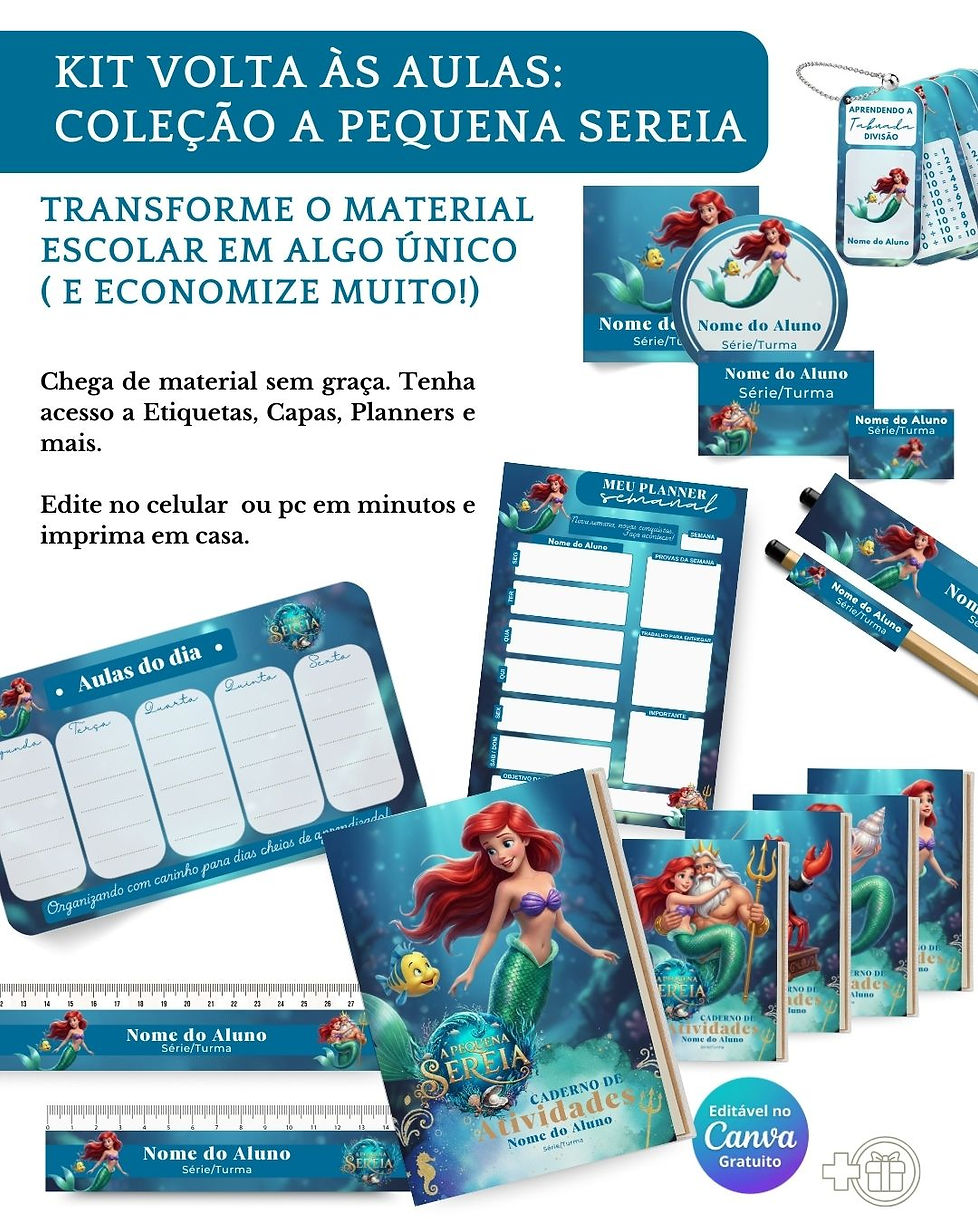 Kit Digital Escolar com etiquetas, capas de caderno, planner e réguas 100% editáveis no Canva.
