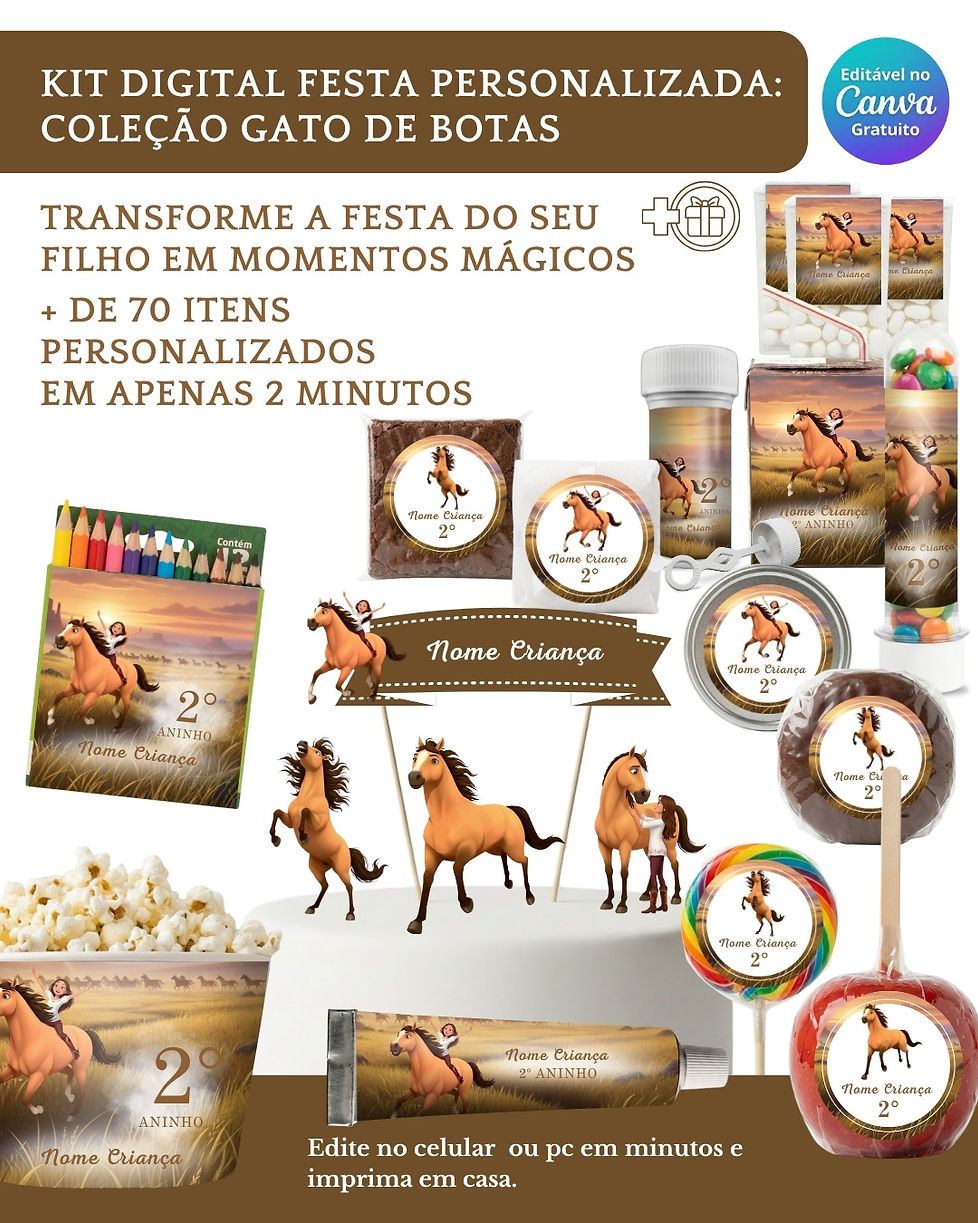 Kit Digital Festa Infantil com moldes para personalizar caixinhas, rótulos e topos de bolo. 100% editável no Canva.