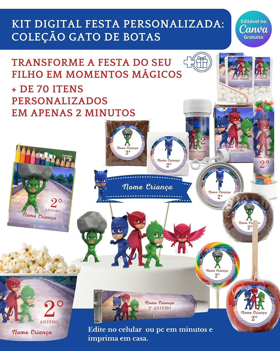 Kit Digital Festa Infantil com moldes para personalizar caixinhas, rótulos e topos de bolo. 100% editável no Canva.