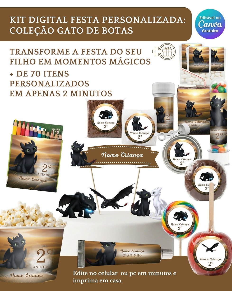Kit Digital Festa Infantil com moldes para personalizar caixinhas, rótulos e topos de bolo. 100% editável no Canva.