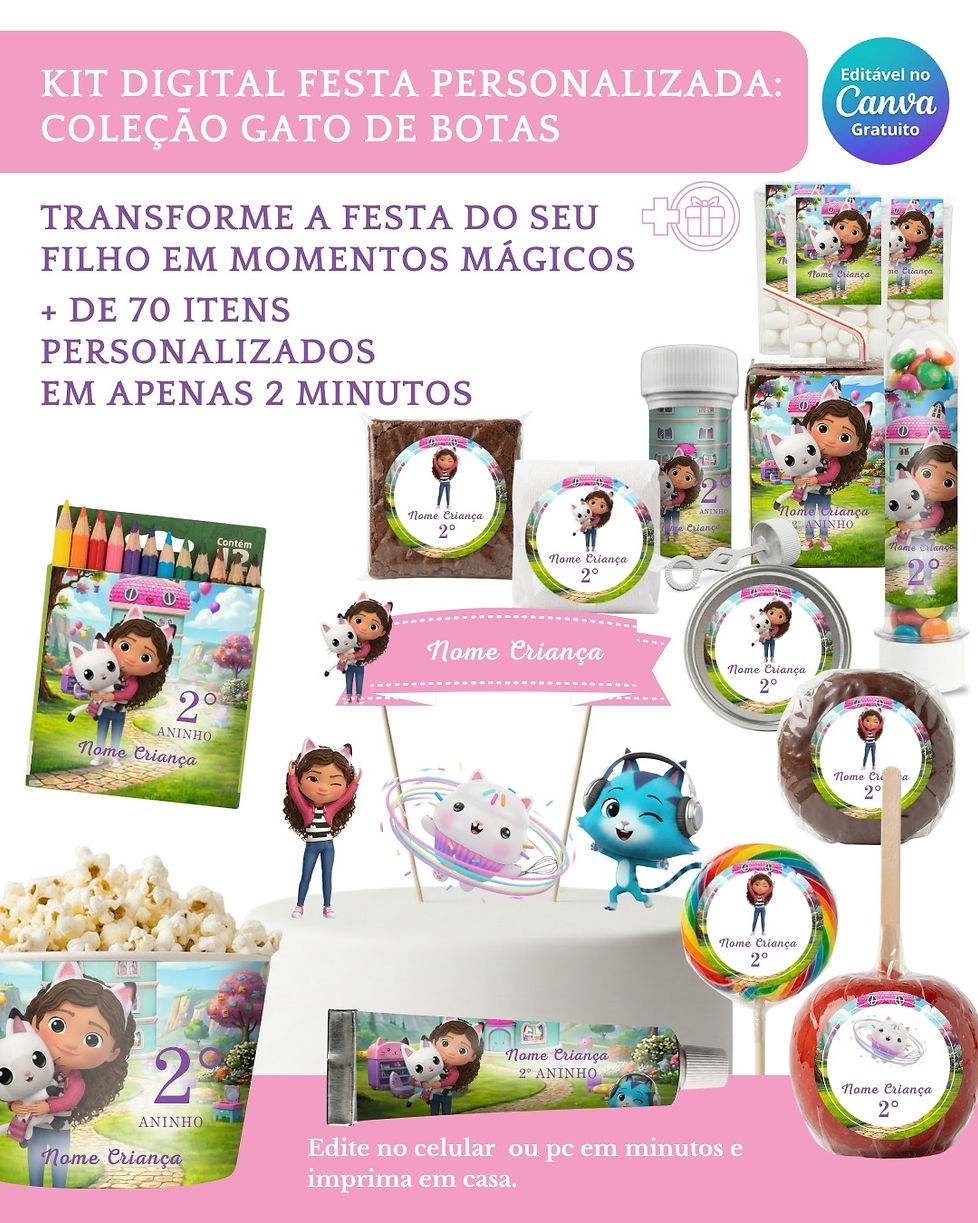 Kit Digital Festa Infantil com moldes para personalizar caixinhas, rótulos e topos de bolo. 100% editável no Canva.