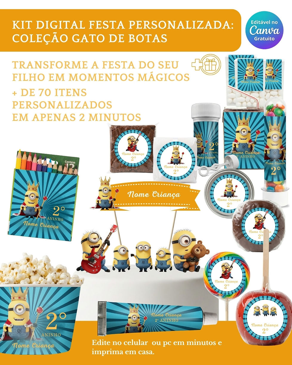 Kit Digital Festa Infantil com moldes para personalizar caixinhas, rótulos e topos de bolo. 100% editável no Canva.