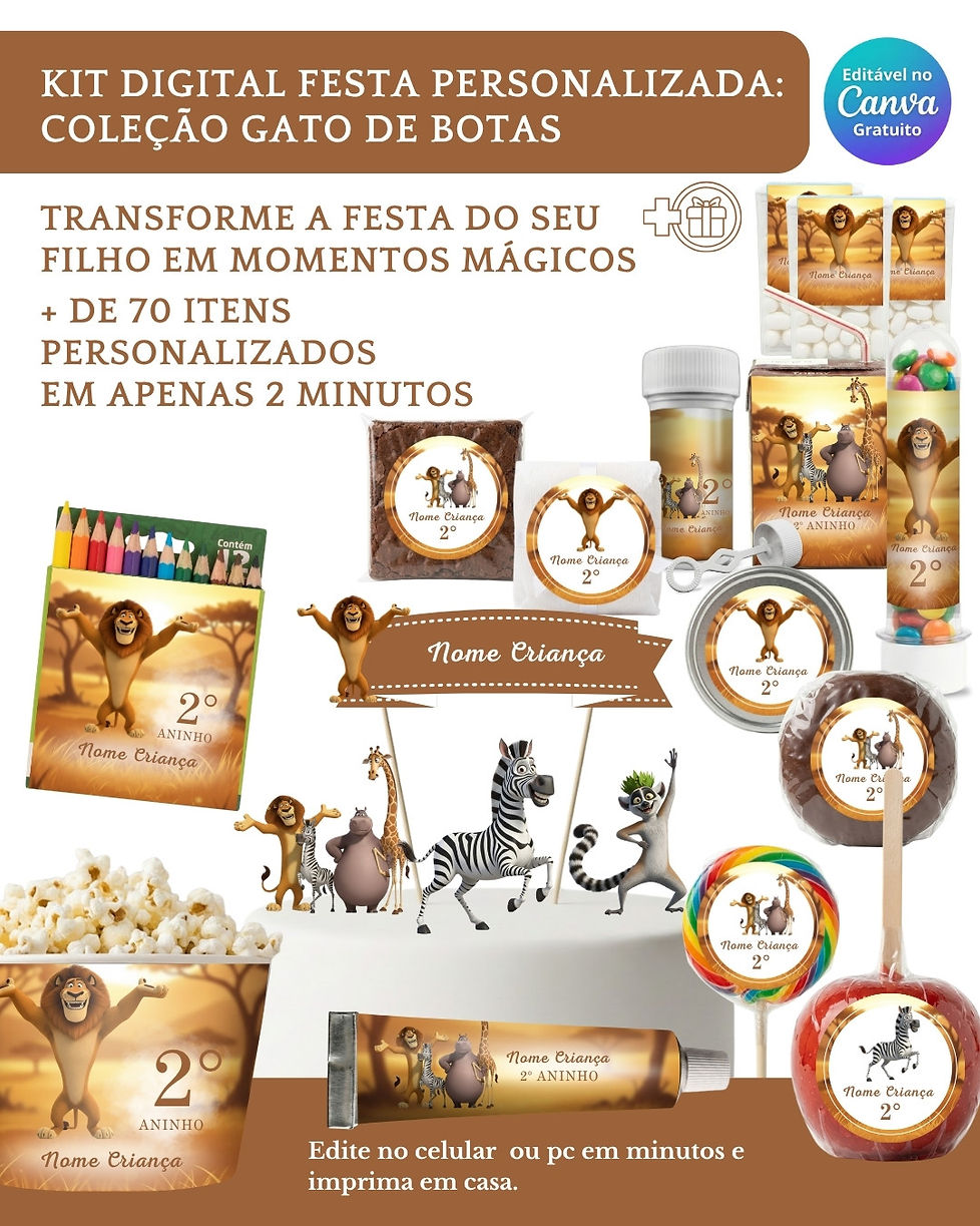 Kit Digital Festa Infantil com moldes para personalizar caixinhas, rótulos e topos de bolo. 100% editável no Canva.
