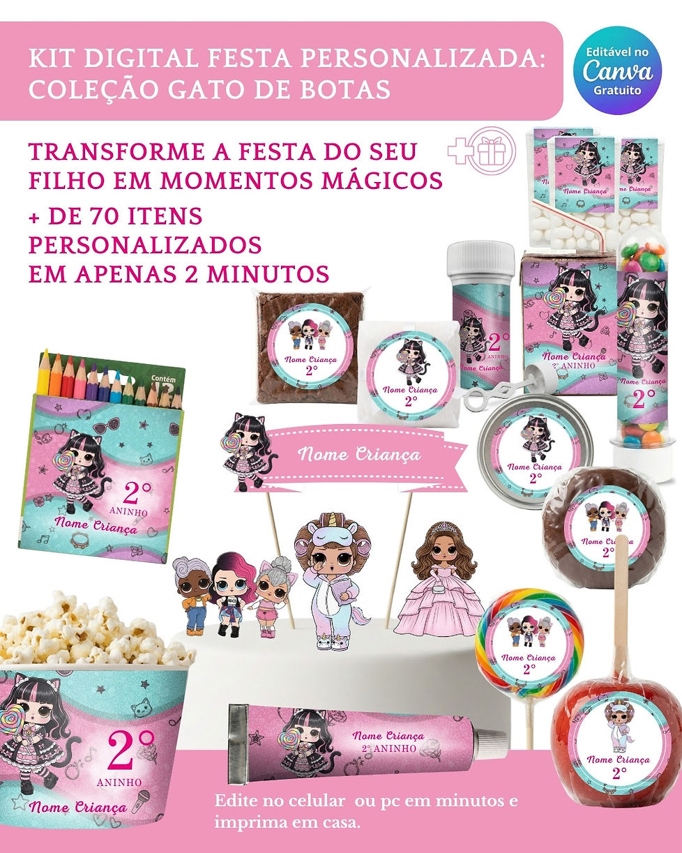 Kit Digital Festa Infantil com moldes para personalizar caixinhas, rótulos e topos de bolo. 100% editável no Canva.