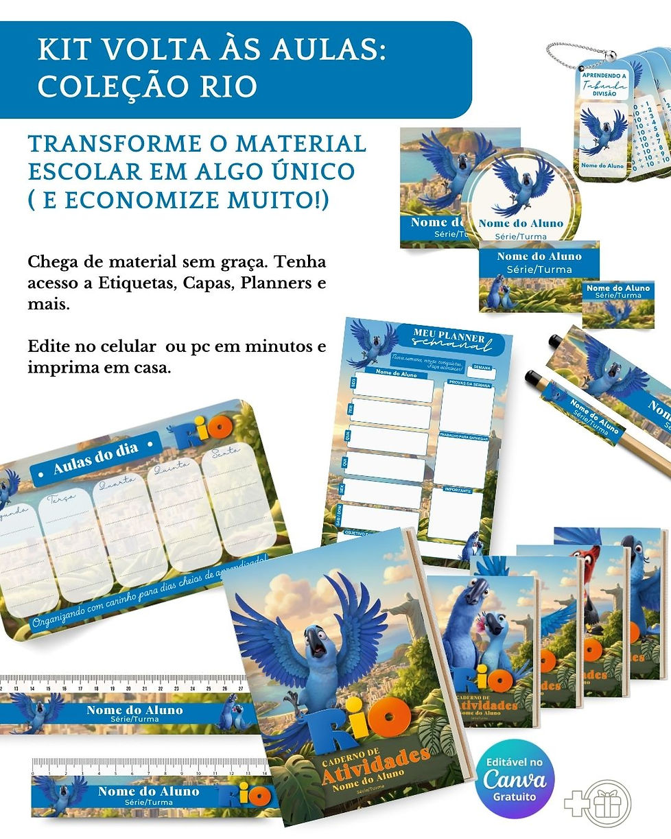 Kit Digital Escolar com etiquetas, capas de caderno, planner e réguas 100% editáveis no Canva.