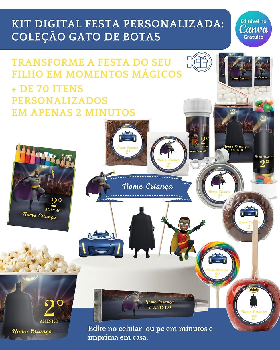 Kit Digital Festa Infantil com moldes para personalizar caixinhas, rótulos e topos de bolo. 100% editável no Canva.