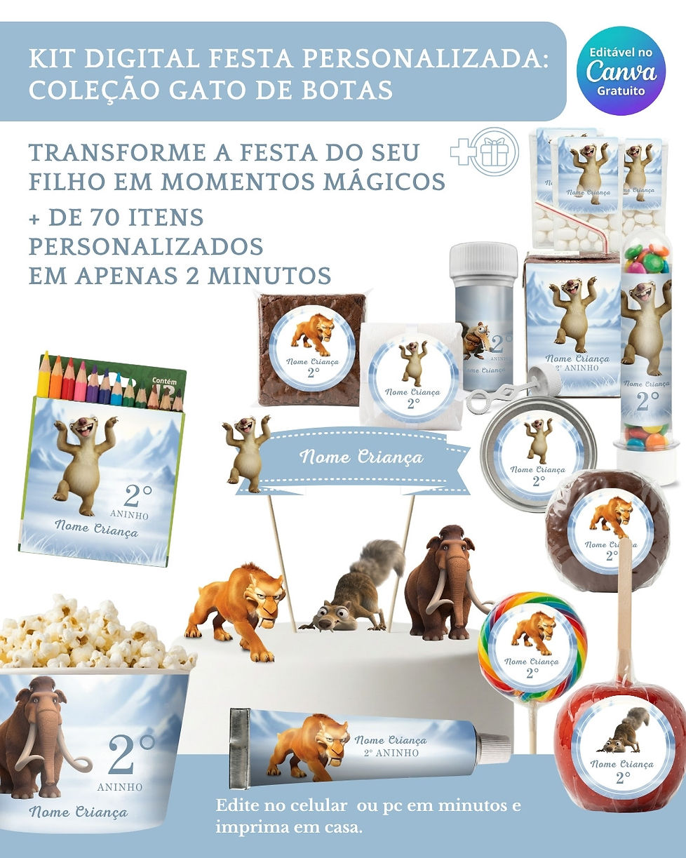 Kit Digital Festa Infantil com moldes para personalizar caixinhas, rótulos e topos de bolo. 100% editável no Canva.