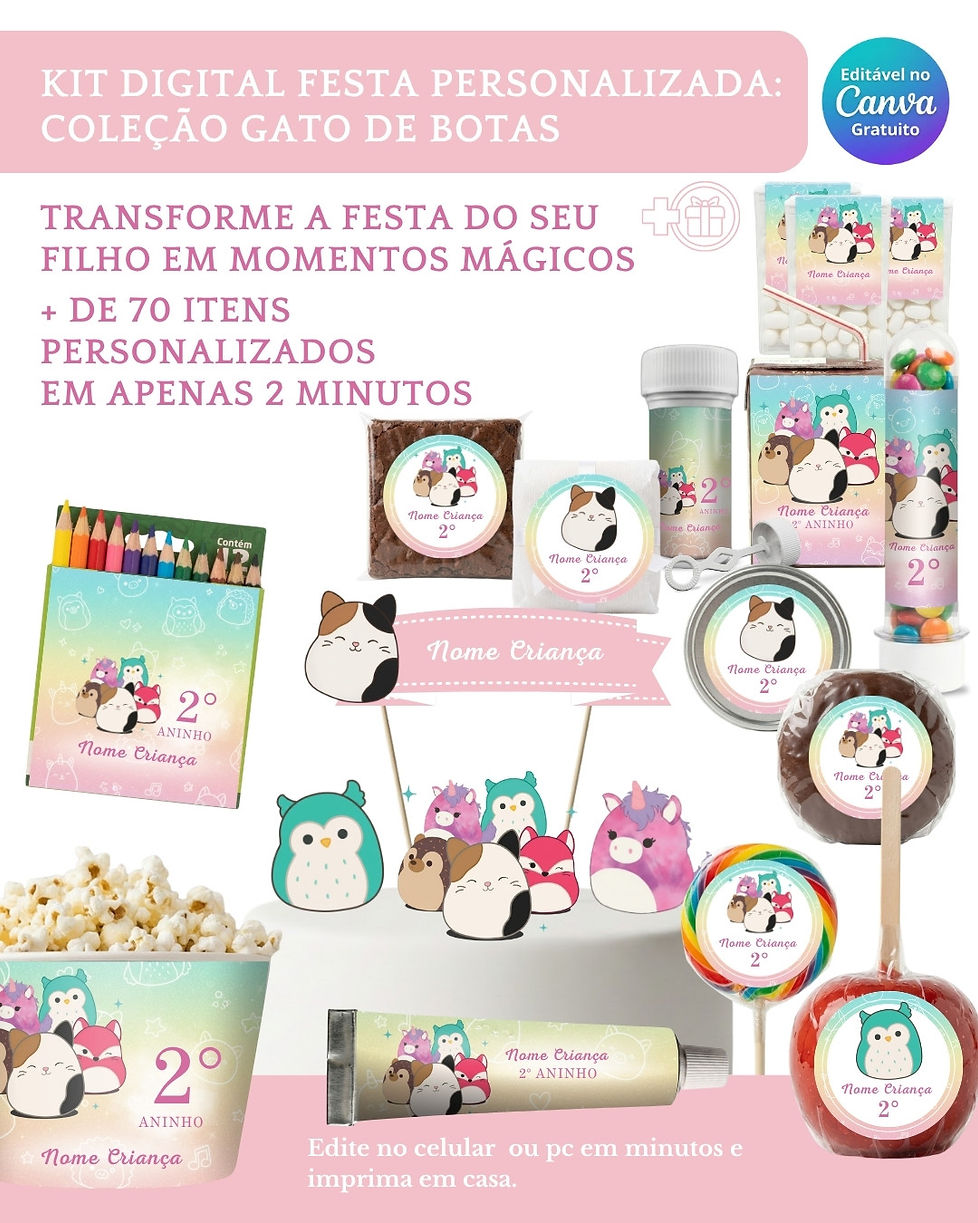 Kit Digital Festa Infantil com moldes para personalizar caixinhas, rótulos e topos de bolo. 100% editável no Canva.