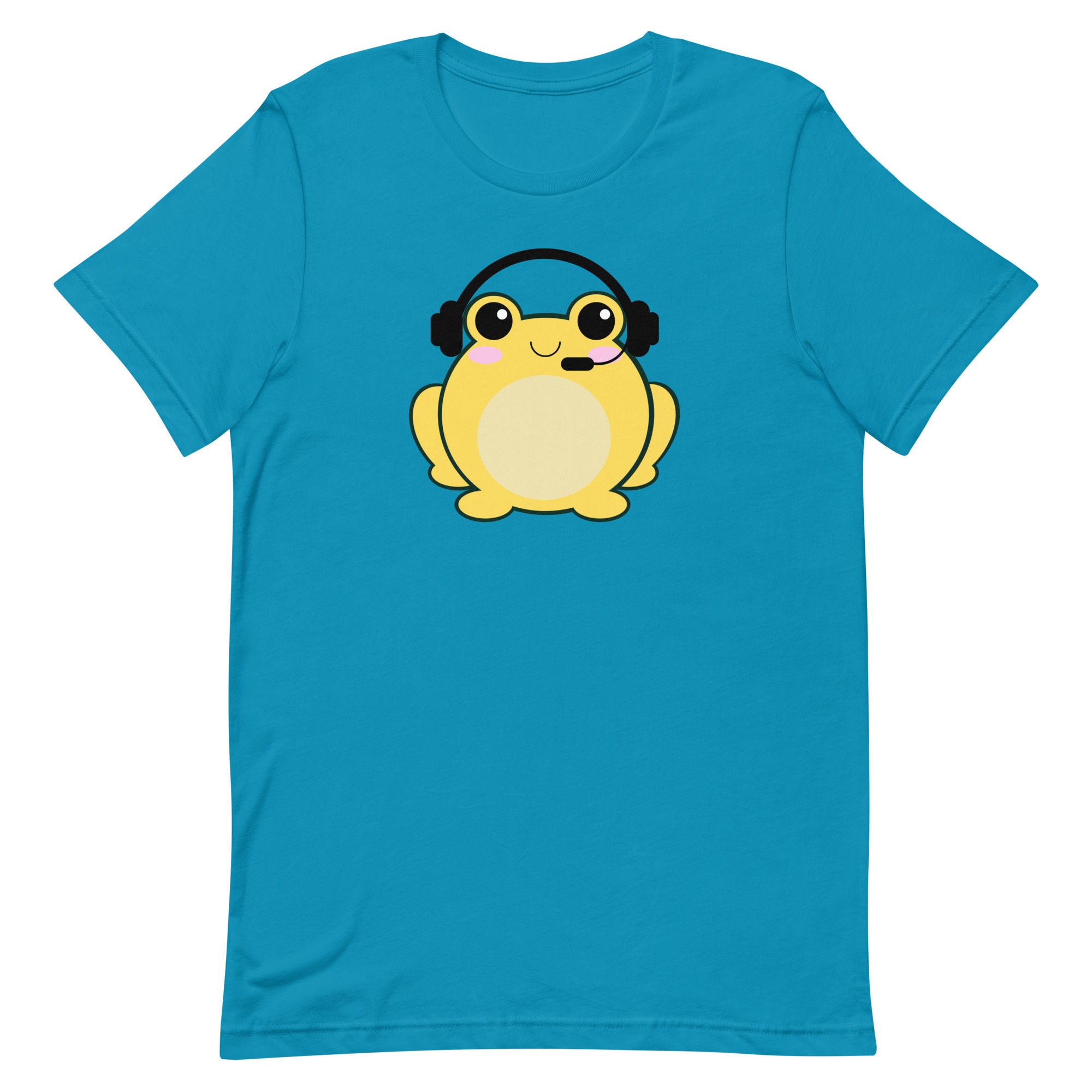 Yellow kawaii gamer frog, unisex cotton tee shirt in blue