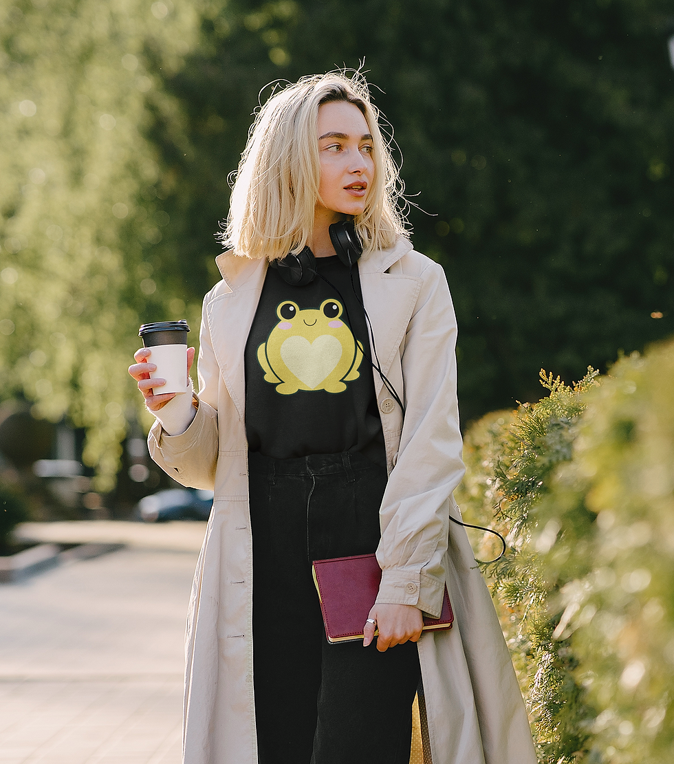 Thumbnail: young girl wearing Yellow kawaii frog with heart belly, unisex cotton tee shirt