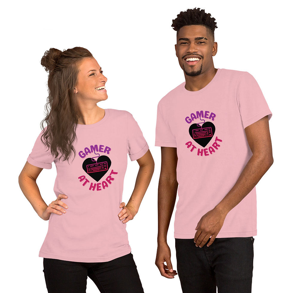 Thumbnail: "gamer at heart" with heart and keyboard on it, unisex cotton tee shirt, couples shirts