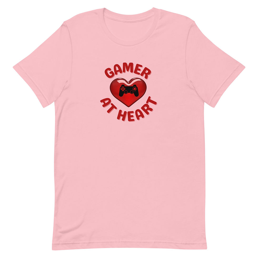 Thumbnail: "gamer at heart" with heart and controller on it, unisex cotton tee shirt in pastel pink