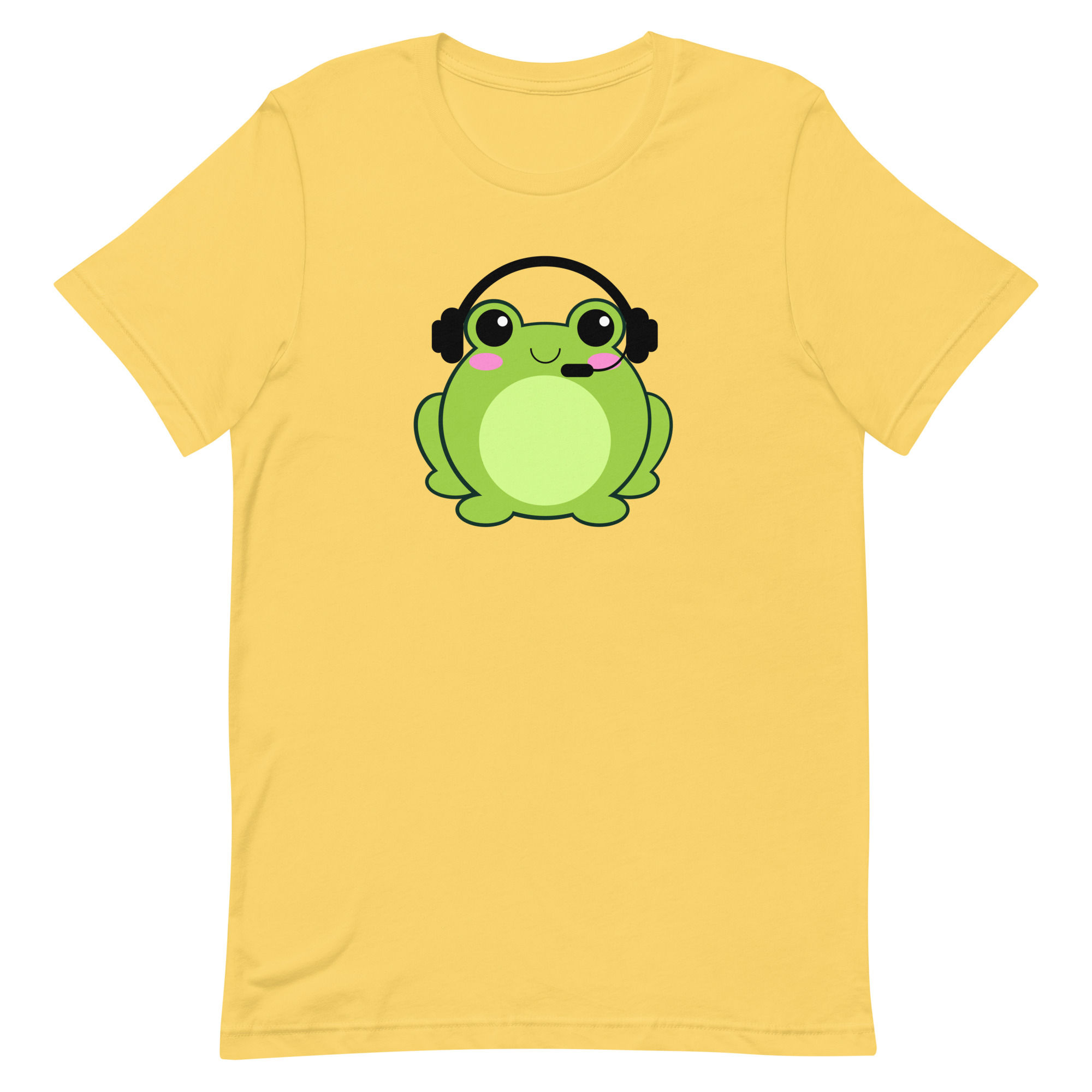 kawaii gamer frog wearing headset, unisex cotton tee shirt in yellow