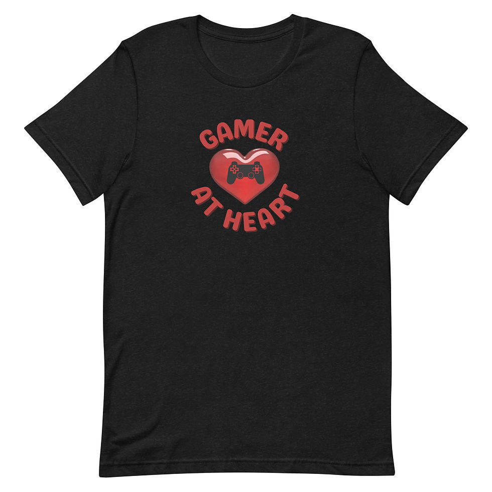 "gamer at heart" with heart and controller on it, unisex cotton tee shirt in black