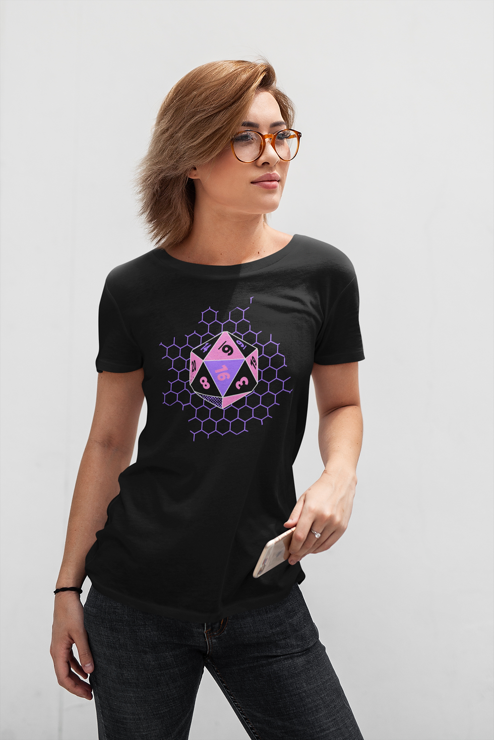pretty woman wearing pink and purple d20 t-shirt