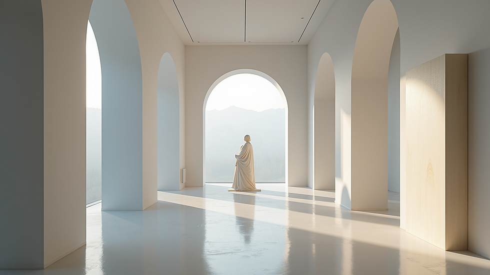 Wide angle view of a contemporary sculpture installation