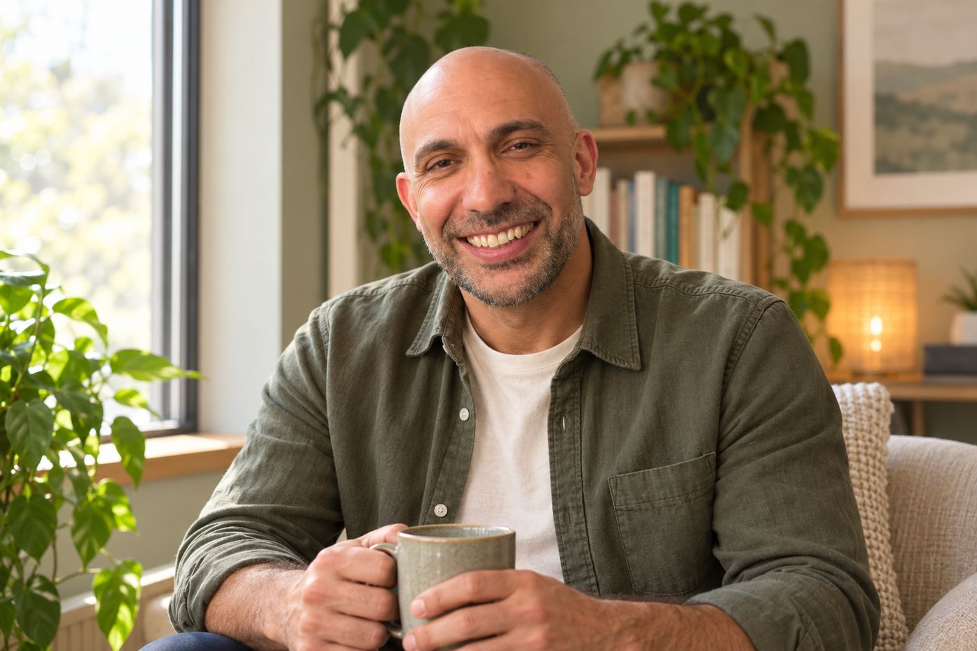 Michael Zoupa smiling with a mug of tea